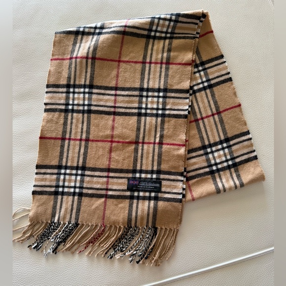 Elegant Tan Plaid Cashmere Scarf with Fringe - Picture 1 of 3
